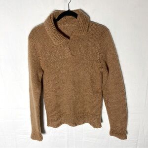 Vintage Handmade Tan Brown Hand Knit Pullover V Neck Sweater With Collar M